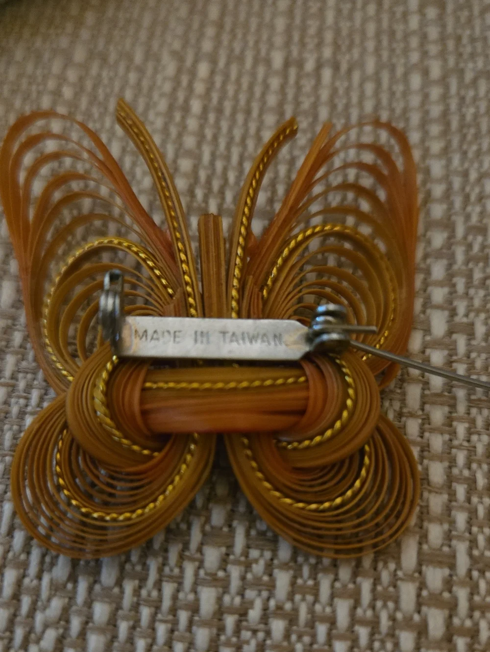 Handcrafted Quilled Bamboo Butterfly Brooch in Gold, Orange,and Brown